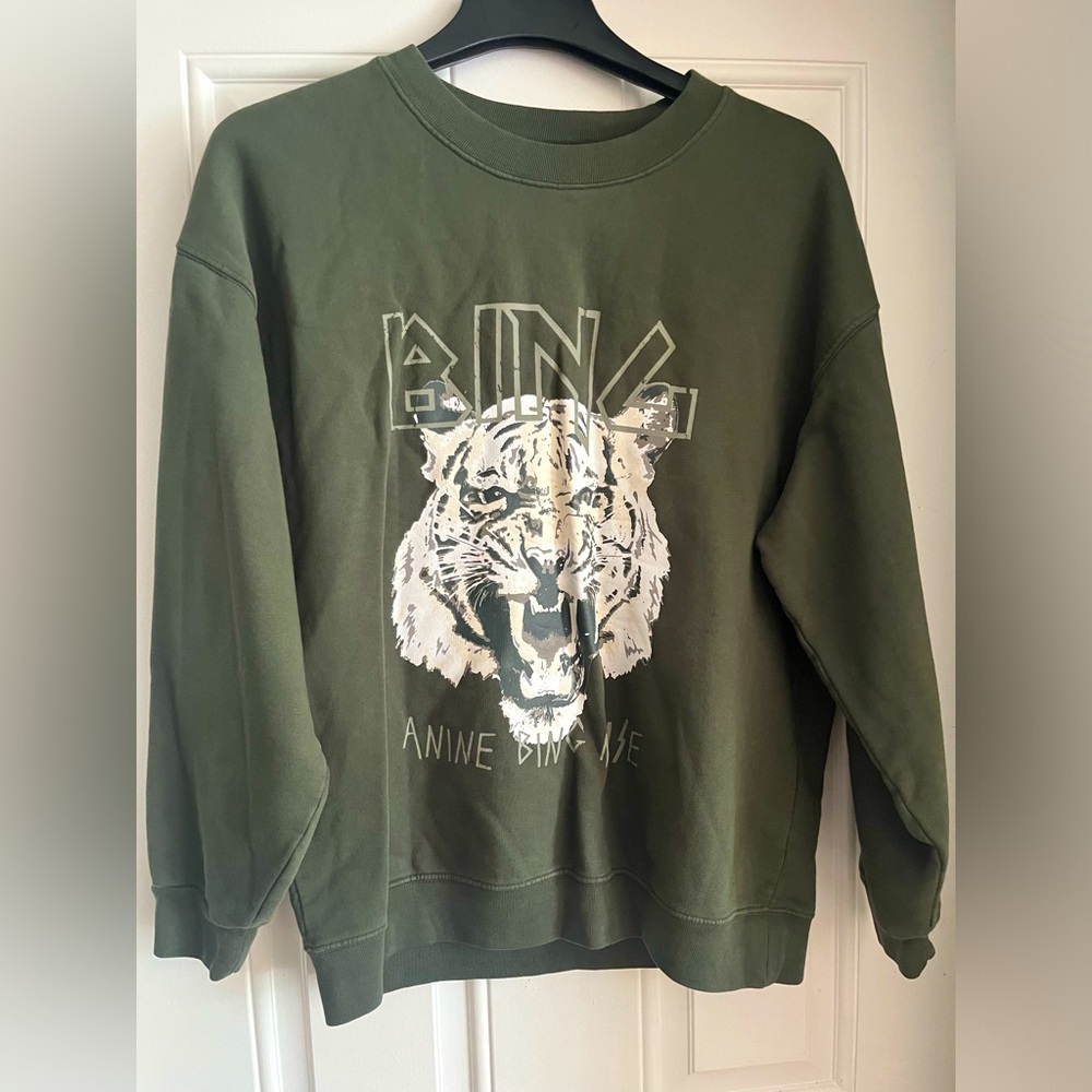 Anine Bing Olive Green Crewneck Sweater with Tiger Motif